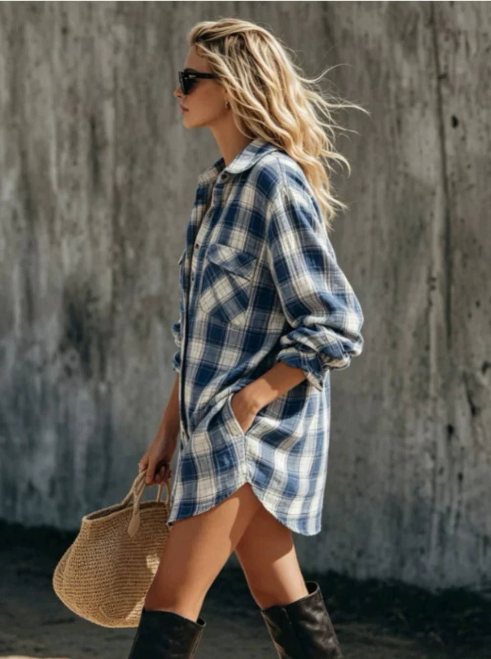 FOREVER 21 Womens Casual Retro Blue Plaid Long Sleeve Shirt Dress